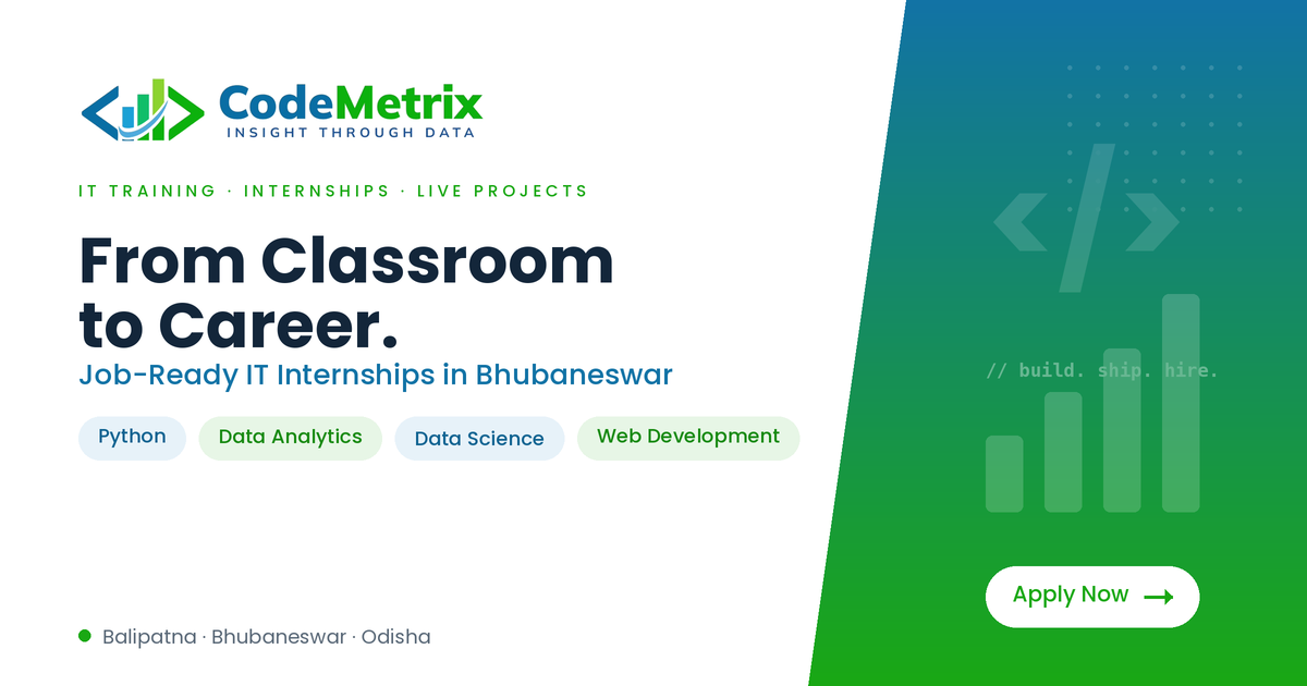 Students learning Python and data analytics during an IT internship in Bhubaneswar at CodeMetrix